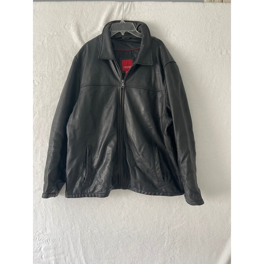 IZOD Mens Black 100% Genuine Lamb Leather Full Zip Bomber Jacket Coat Sz XL